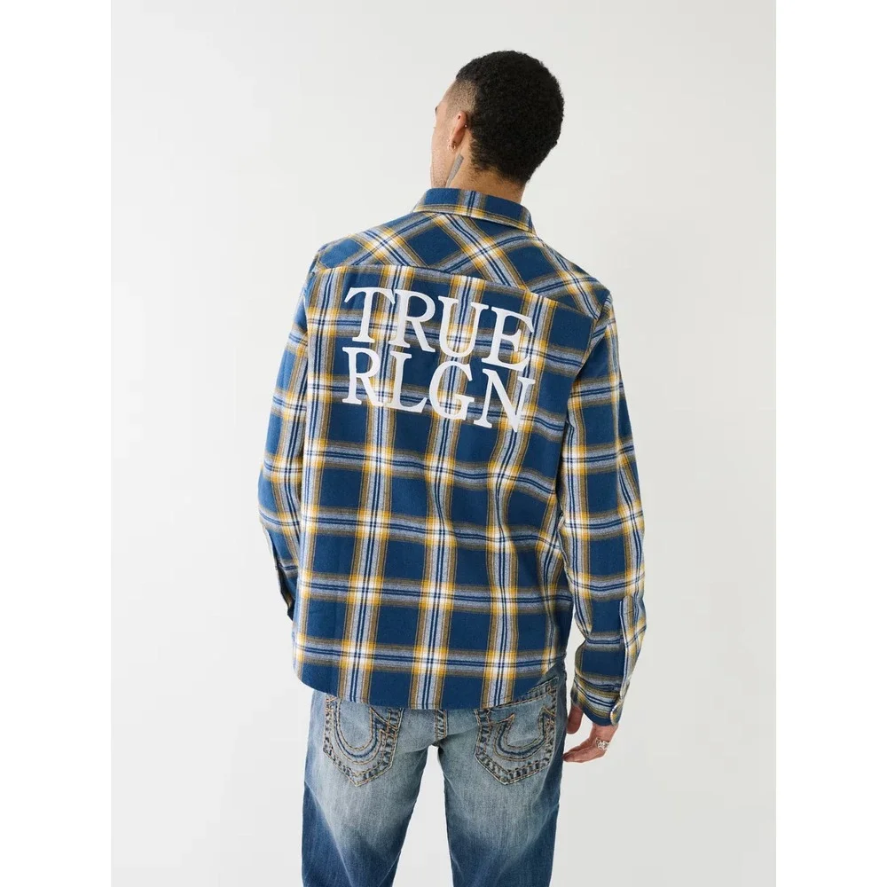 True‎ Religion Plaid Flannel Shirt Men's M Blue Yellow Logo Streetwear Casual